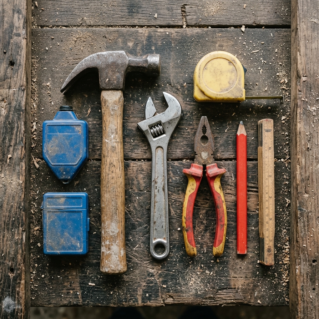 Trade hand tools laid out on a weathered timber workbench