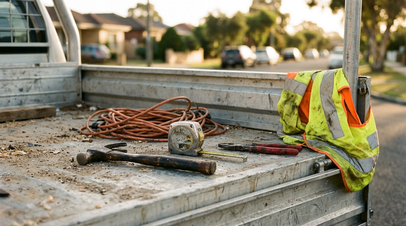 Well-used trade tools and a hi-vis vest on the tray of a tradie's ute at golden hour